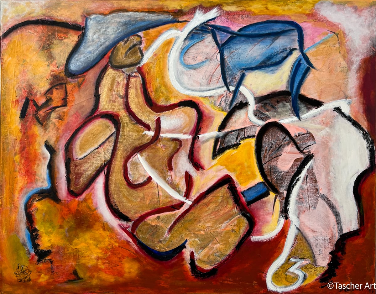 El Gaucho Mistico by Tascher Art Studio  Image: "El Gaucho Místico" is a captivating mixed media abstract painting that pulsates with the vibrant energy of red, yellow, and warm earth tones. The canvas is alive with a dynamic interplay of colors, creating a visually striking composition that evokes both passion and mysticism.