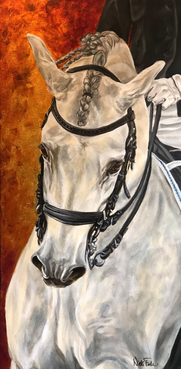 Dressage #1: 12x24 Acrylic and Gold Foil on gallery wrapped canvas by Nicki Forde-Ficocelli  Image: 12x24 Dressage Horse in Acrylic and Gold Foil on canvas