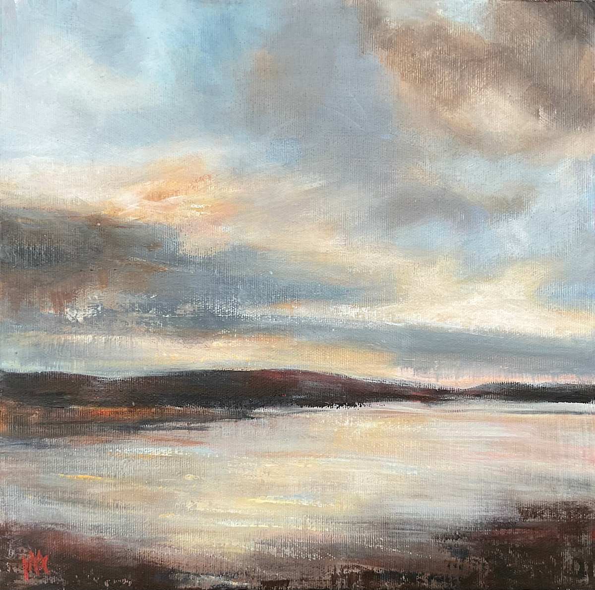 Twilight reflections by Mary-Ann Hodgen  Image: In this piece I wanted to convey the light and reflections across the water. It was based on photos taken from Portrush at ‘Golden hour’