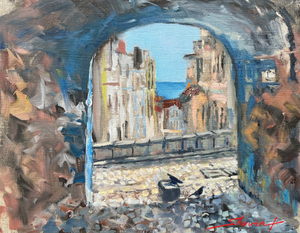 Plein Doves in the Archway by Sharon Rusch Shaver 