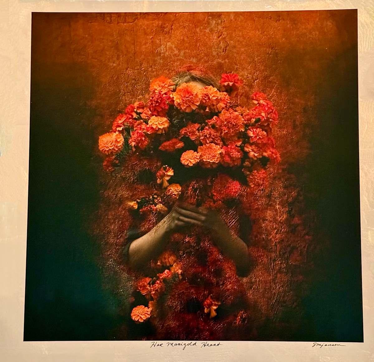 Her Marigold Heart (4" x 4" print) by Sandy Brown Jensen, Image 1.