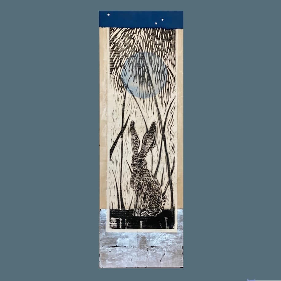 Rabbit Moon  Image: Woodblock print mounted on cradle board over silver leaf with acrylic and hand made paper embellishments