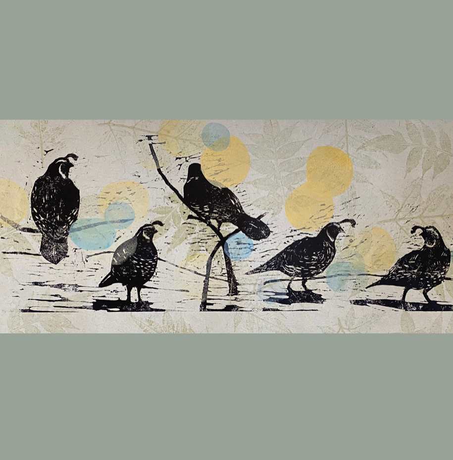 Trailside party  Image: woodblock monoprint - variable edition