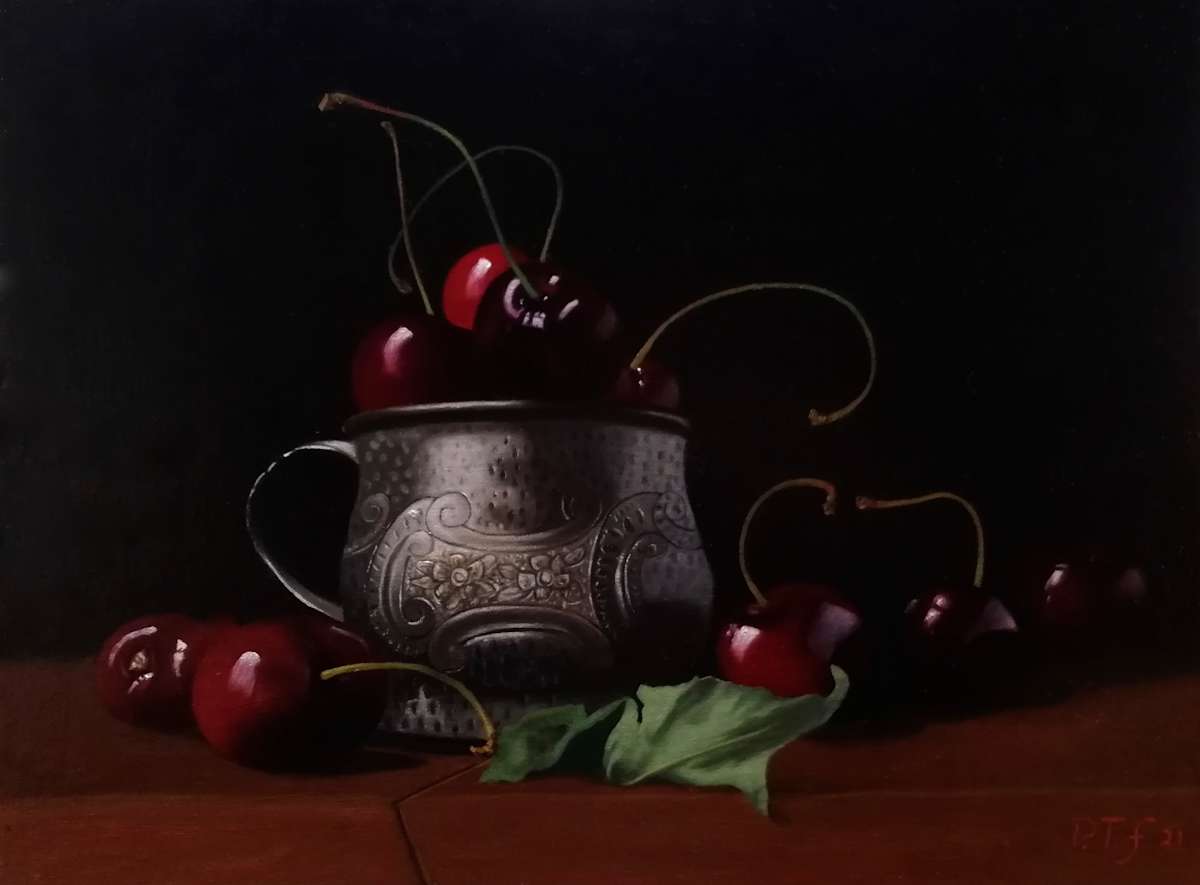 Cherries, leaf and silver cup by Peter Thomas Foster 