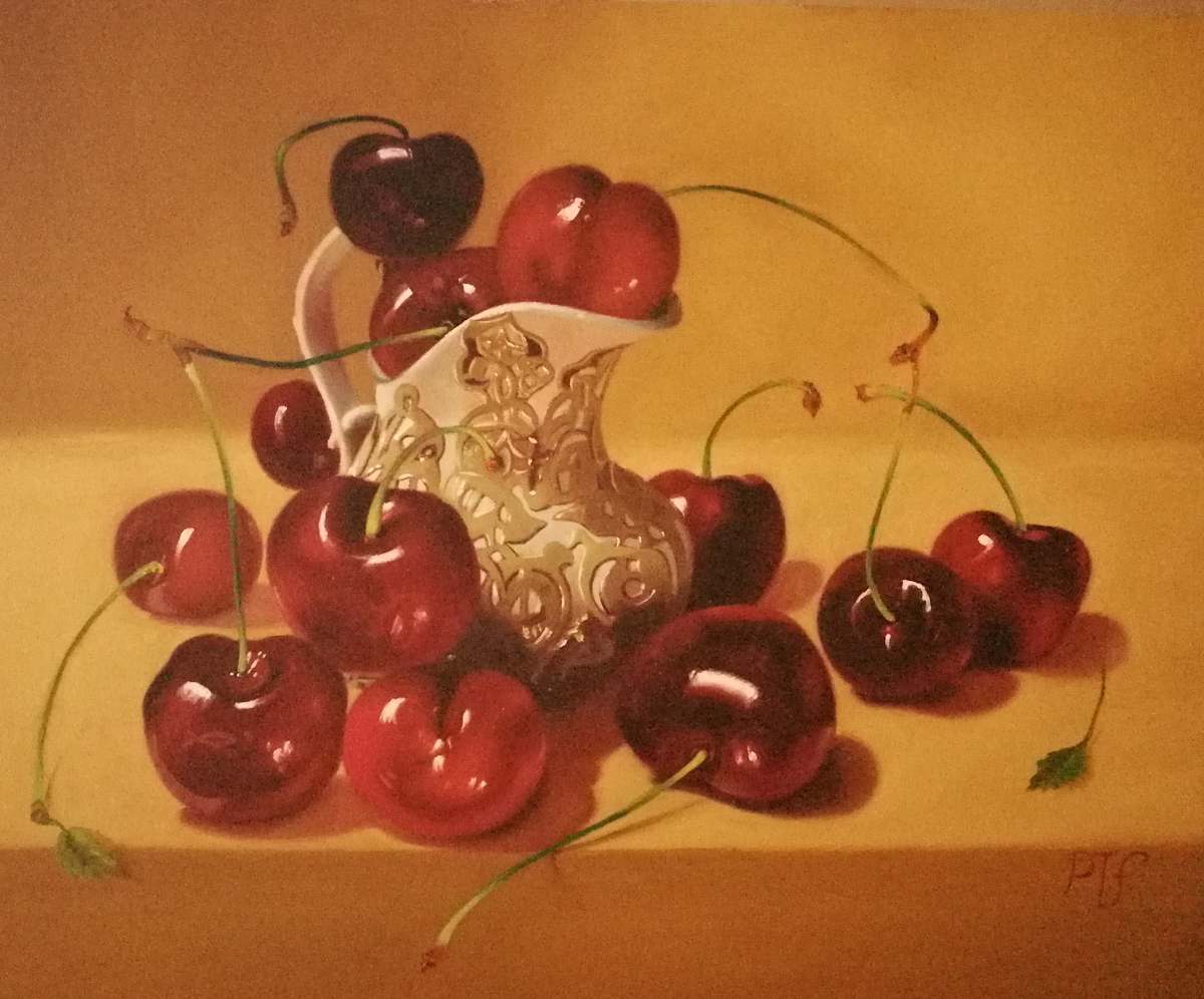 Cherries with porcelain jug by Peter Thomas Foster 