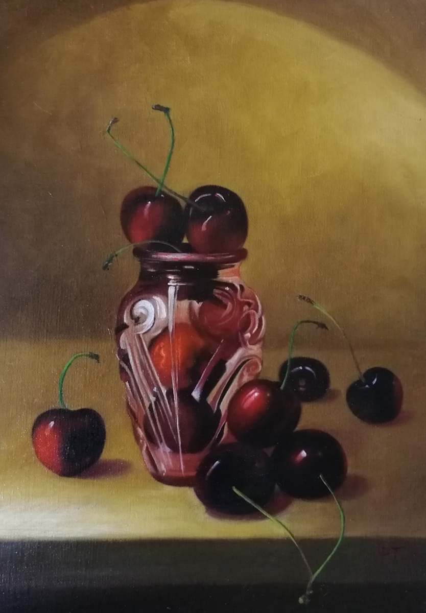 Cherries with glass vase by Peter Thomas Foster 