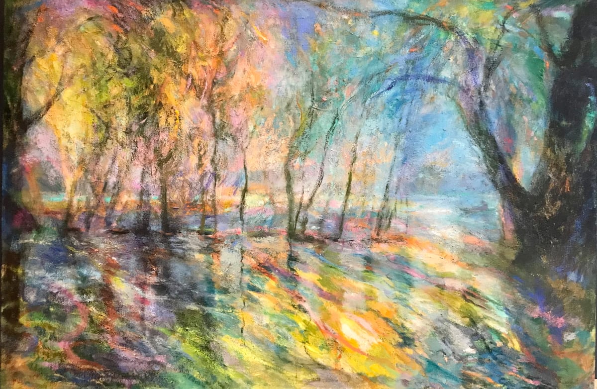 Trees (and Boat) in Rainbow Water / Bateau derrière des arbres dans l’eau d’arc en ciel by Lynda Bruce 