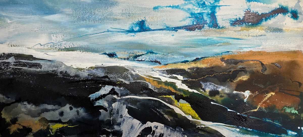 Dark Landscape by Joy Moore  Image: This is one of a series of panoramic works inspired by the Piemontese landscape. This piece explores the free use of of acrylic inks.