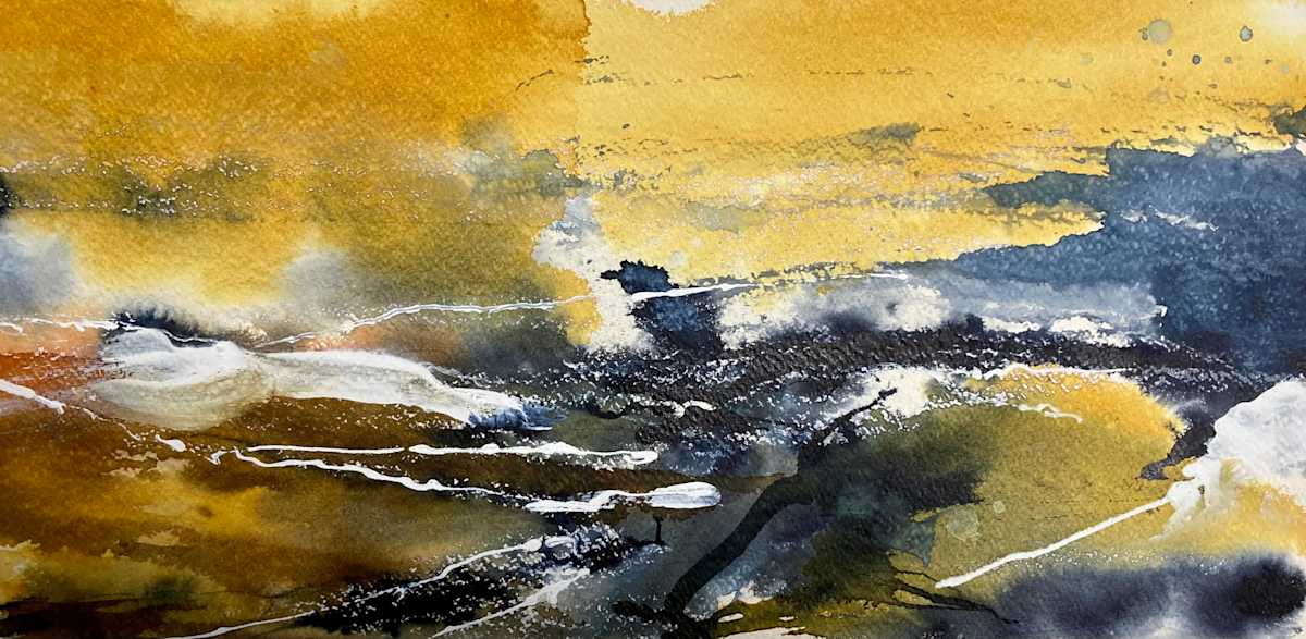 Landscape with Ochre Sky by Joy Moore  Image: This is one of a series of panoramic works inspired by the Piemontese landscape. This piece explores the free use of of acrylic inks.