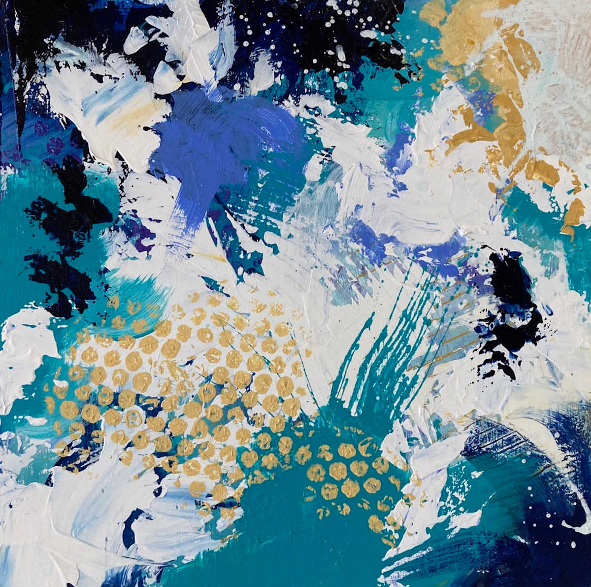 La Marea Vorticosa 2 by Joy Moore  Image: This painting is one of a series of small abstract paintings enjoying the different  blues of the sea and with hints of yellow sand. 