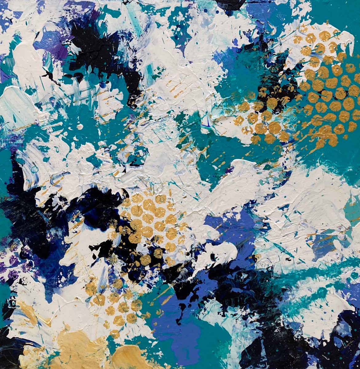 La Marea Vorticosa 1 by Joy Moore  Image: This painting is one of a series of small abstract paintings enjoying the different blues of the sea and with hints of yellow sand.
