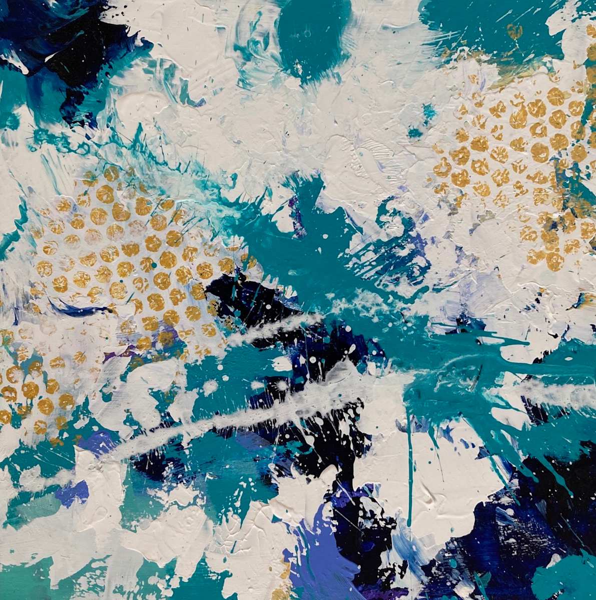 La Marea Verticosa 3 by Joy Moore  Image: This painting is one of a series of small abstract paintings enjoying the different blues of the sea and with hints of yellow sand.