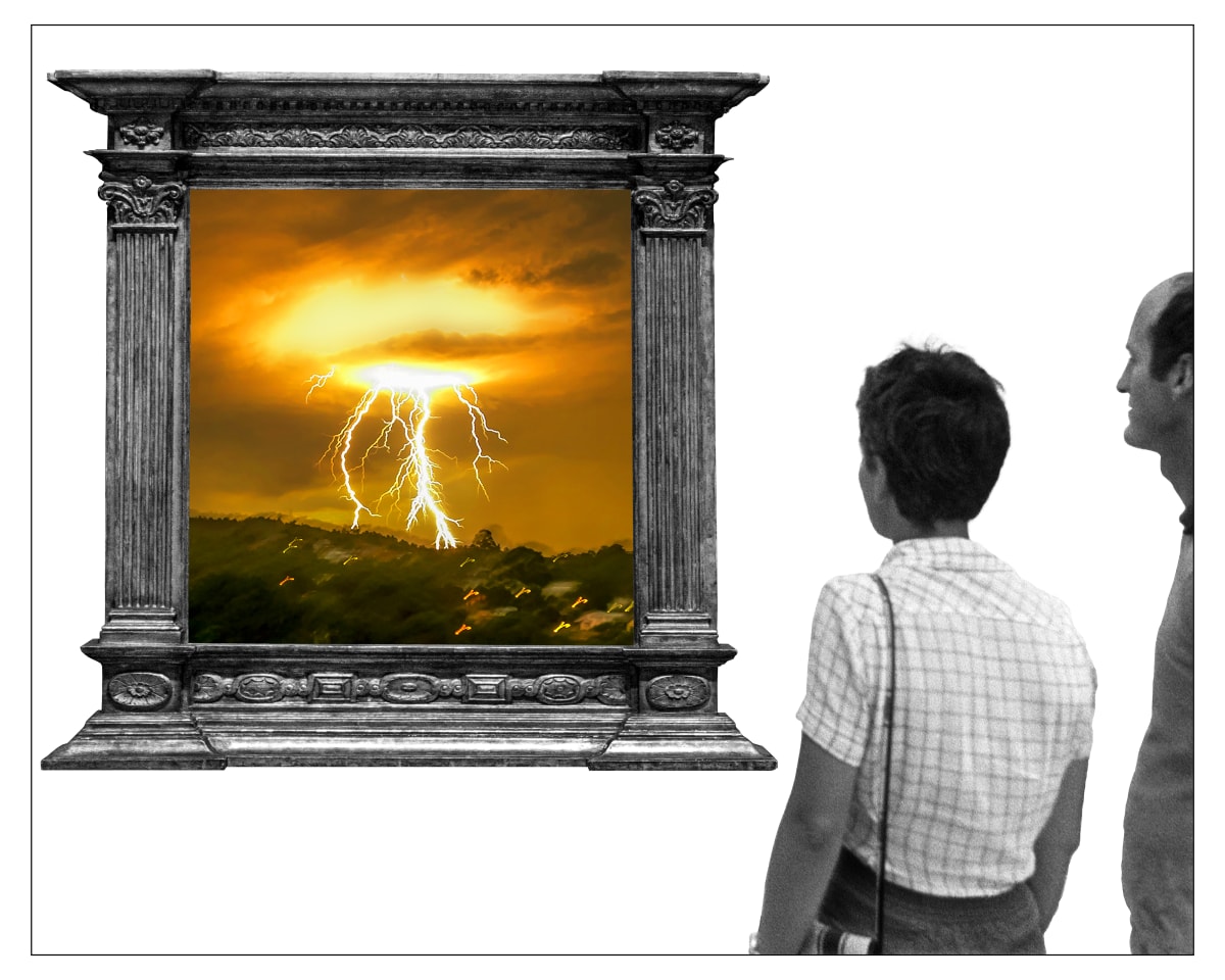 Visual Perspectives  Image: I took this image of a thunderbolt in Australia, combined it with a photograph I took of an antique frame and arranged them in a virtual gallery wall space in black and white. It is a concept piece about the act of viewing, seeing and where it takes place with visual perspectives.