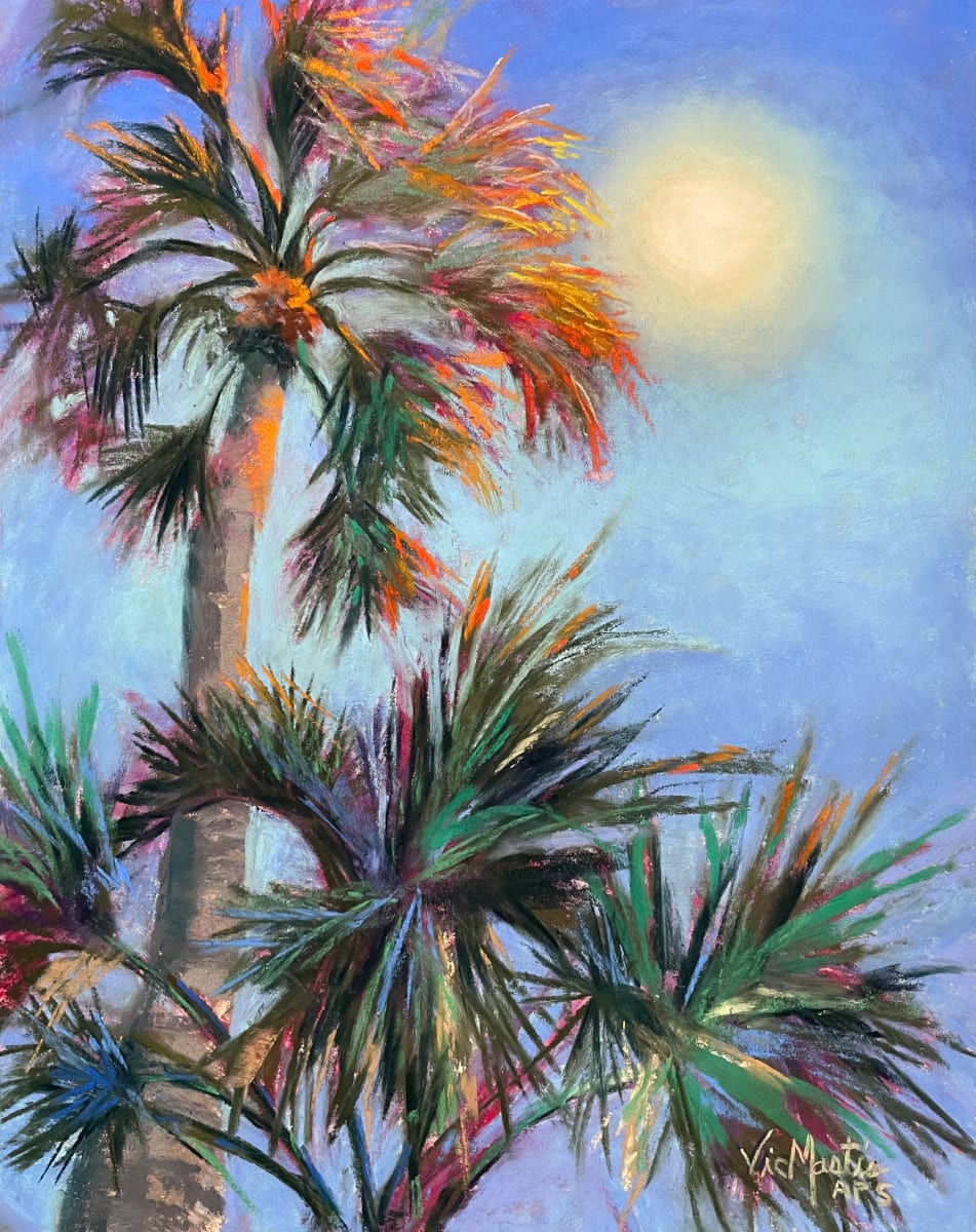 An Air of Mystery by Vic Mastis  Image: Looking up through a palm tree, the moon is shining through making wonderful colors on the  palm tree.