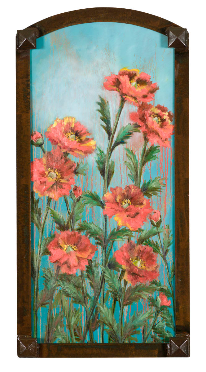Arched Cheerful Poppies by Vic Mastis  Image: I painted these orange poppies using oil paint and gold leaf.  The arched steel  frame was made by my husband,  keeping it all in the family!   The arch makes it a center piece in any room.