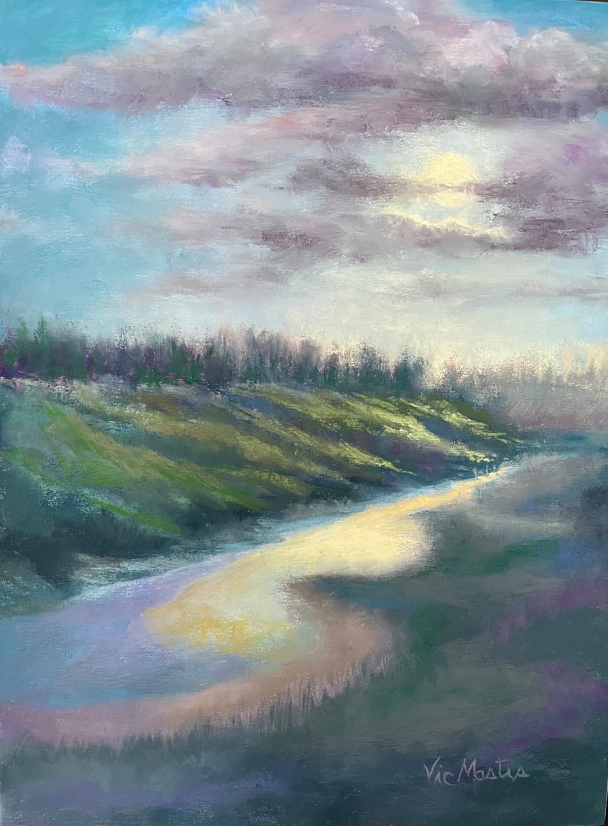 Awe From Above II by Vic Mastis  Image: A little frozen puddle on the Aldis parking lot inspired this painting.  I loved it's shape and the icy color.  There was a hill with rocks on the left side of this small piece of ice; so I changed it to a hill with the sun showing through the clouds on this cold day.