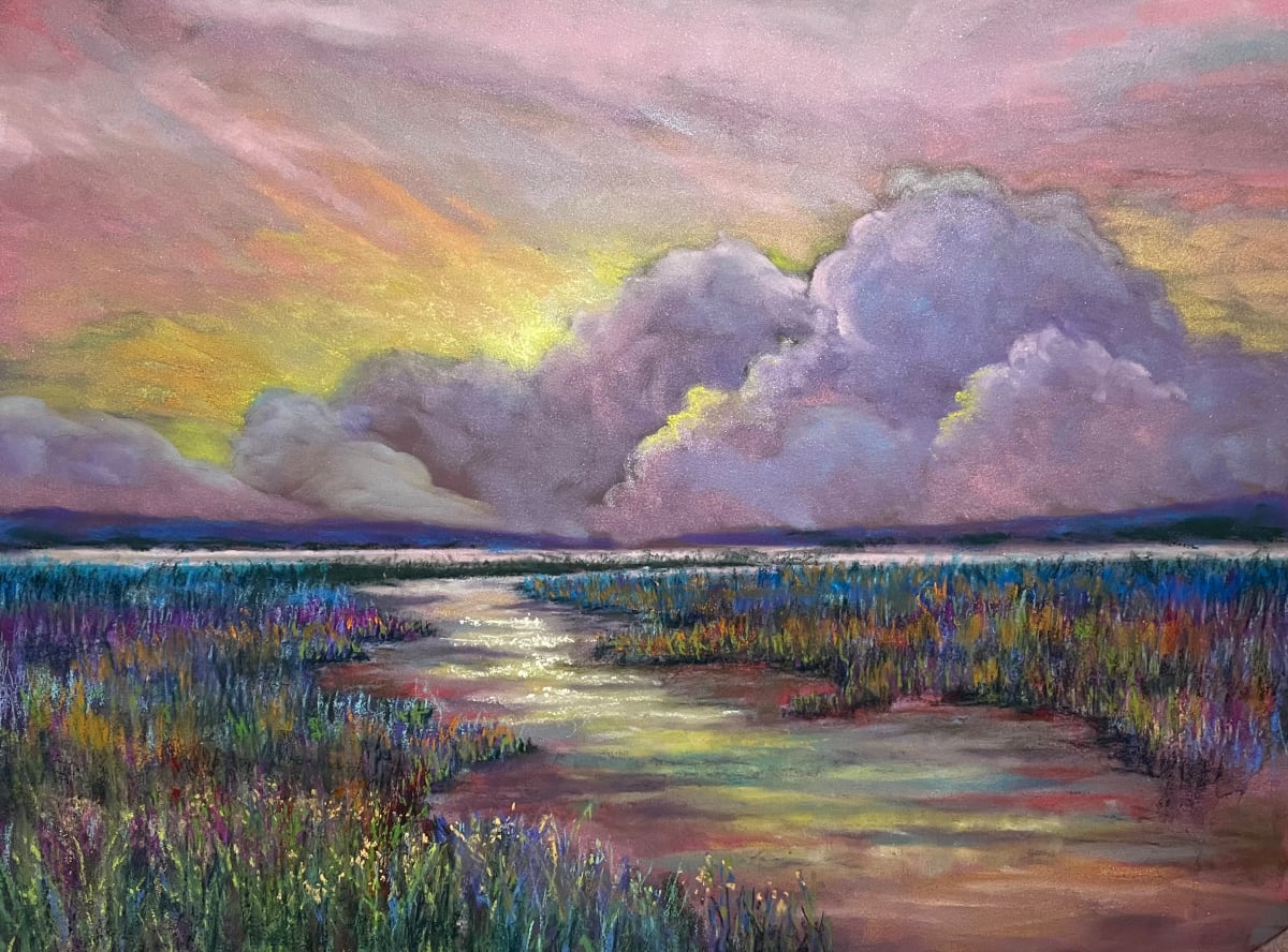 Confetti & Clouds I by Vic Mastis  Image: A pastel painting of waterway with the sun peaking out of the clouds making all kinds of colors on the grasses.
