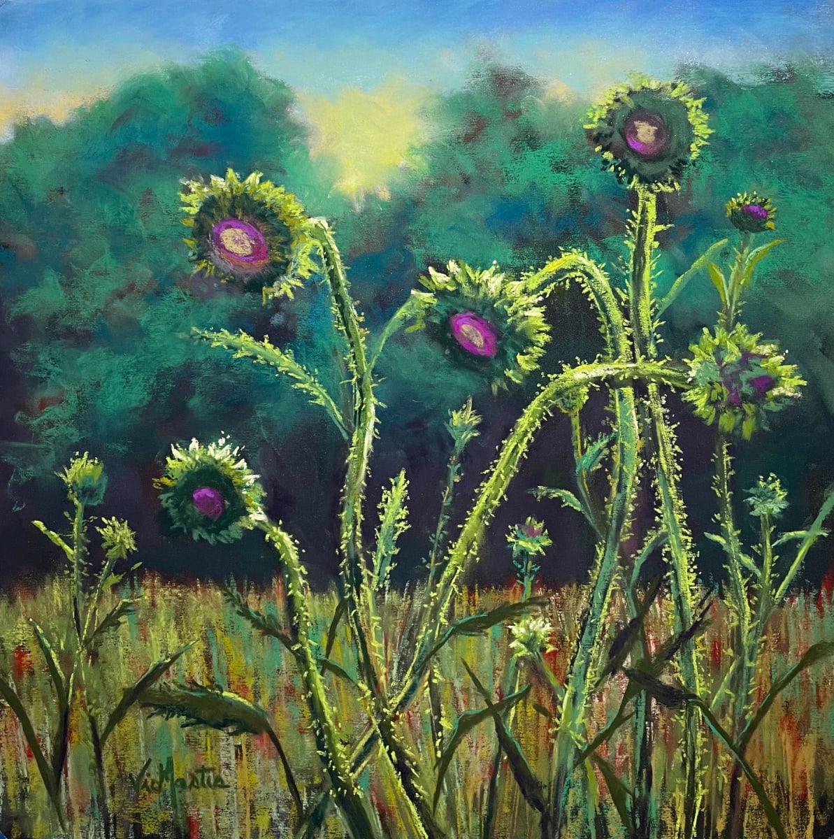 Dawn of a New Day by Vic Mastis  Image: As I was taking a walk, I came upon these alien like flowers.  I had never seen these Thistles before.  They seemed to have eyes and beautifully colored.  The sun was setting and made a glow around the outer edges.
