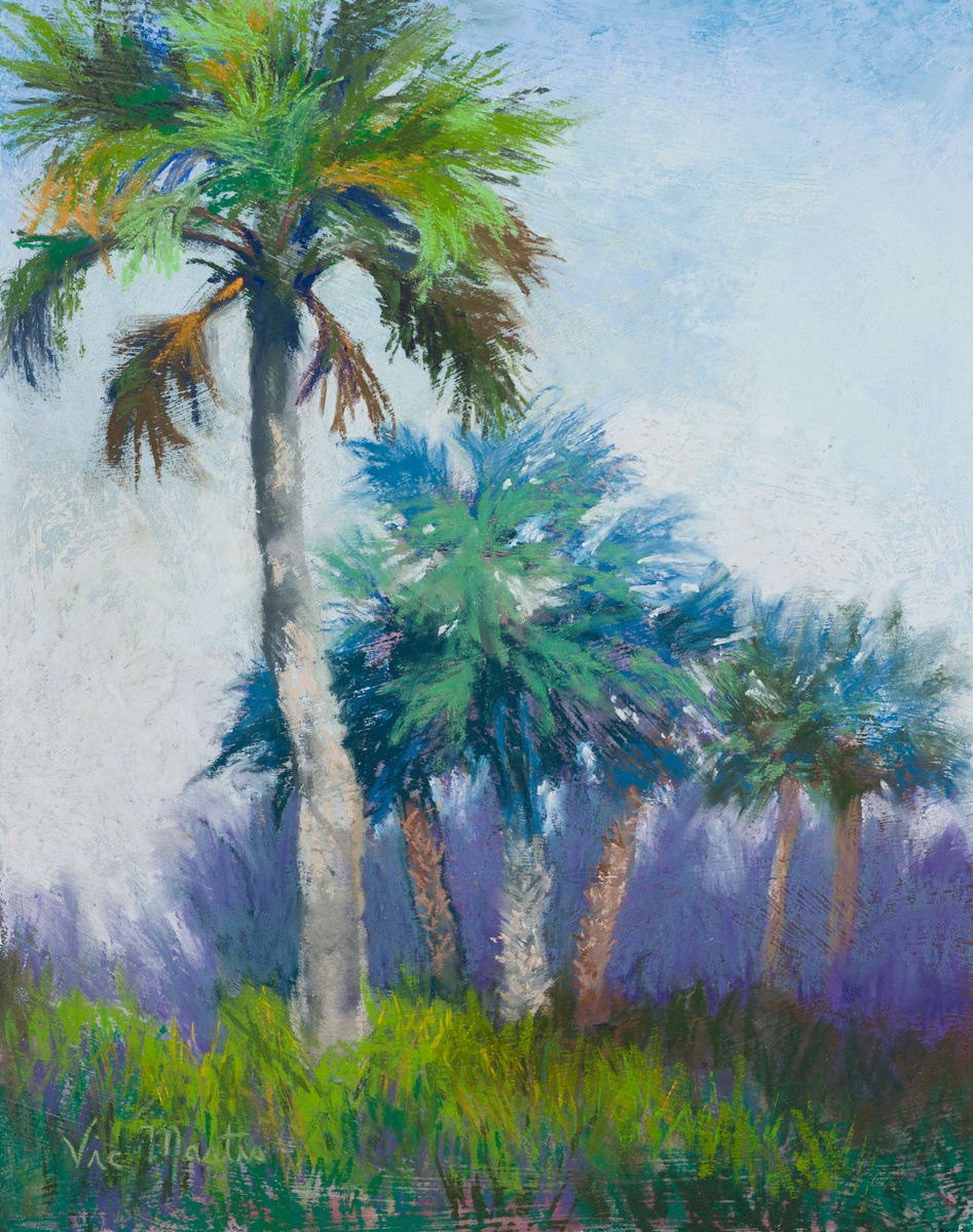 Distant Palms by Vic Mastis  Image: While looking for a place to plein air paint, I saw this stately palm tree with the other palm trees set behind it.  They looked like they were letting the first tree take the lead.