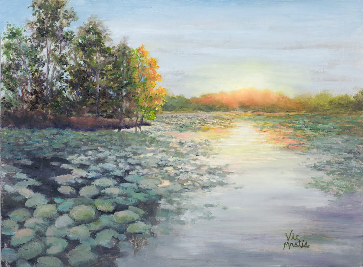 Evening Bliss by Vic Mastis  Image: I had found this wonderful spot while camping.   While the sun was going down, it created this wonderful amber glow in the far trees and shone across the lake making it sparkle.