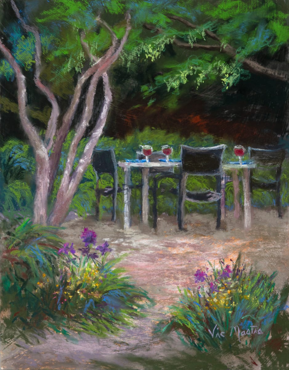 Fine Dining by Vic Mastis  Image: This pastel was painted Plein Air in Augusta, Missouri.  I thought, what would I like to be doing in this outdoor setting  so I added the table, chairs and dishes.