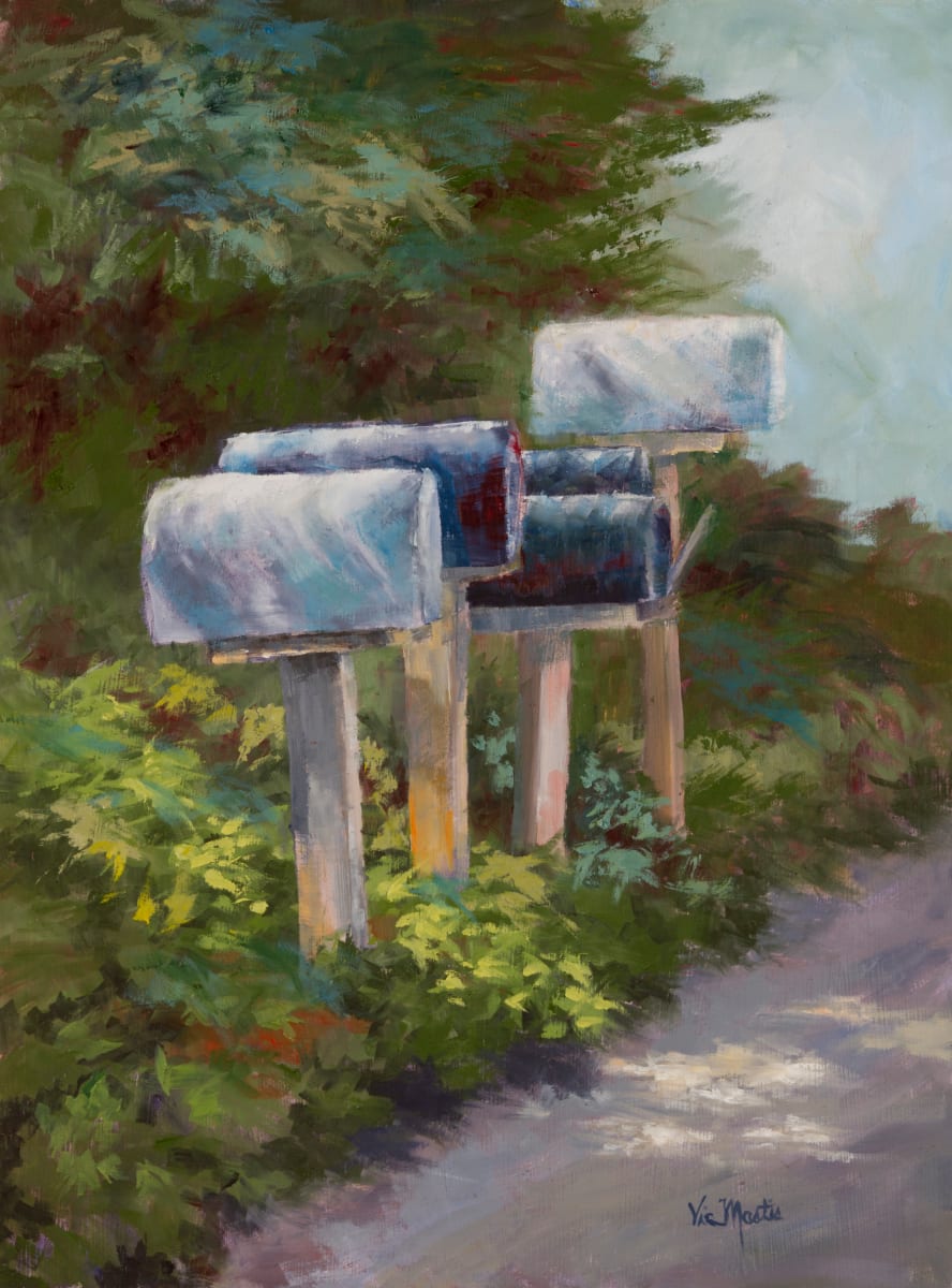 Good News Coming I by Vic Mastis  Image: I loved the way the dappled sunlight hit the country mailboxes and foliage then landed on the road.