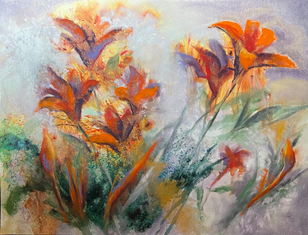 I'm On Fire  Image: A friend brought a beautiful bouquet of flowers to a party I was having. 
The arrangement was unique.  There were bright orange lilies and the babies breath was formed to one side.  It inspired this painting.