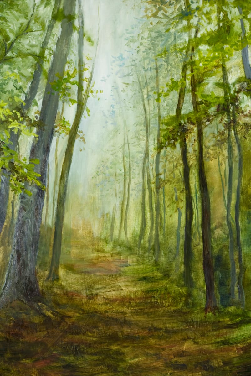 Into the Woods-Series by Vic Mastis  Image: This is a feeling I get when I walk through the woods by myself.  Mysterious and wondering what it up ahead.  This painting has a handmade steel frame which adds to the organic look of the piece.