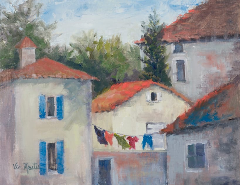 Laundry at the Cemetery  Image: Every morning I would take a walk while at the workshop in Southern France.  I would pass this old church with a cemetery.  It always look deserted.  One morning as I walked pass, I noticed there was laundry hanging out to dry.  I guess someone did live there!