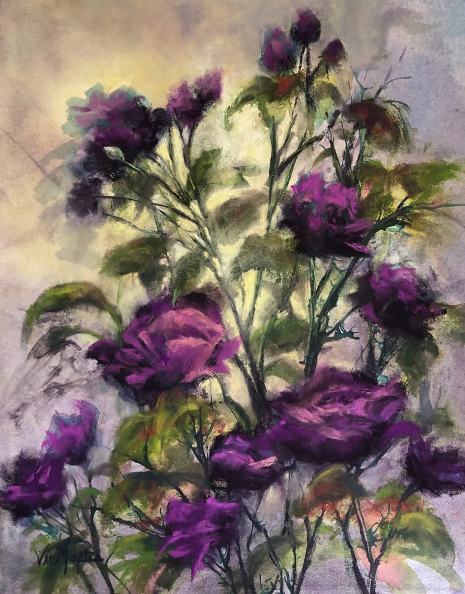 Lavish Blooms by Vic Mastis  Image: Splendid purple roses with an aurora illuminating  behind them.