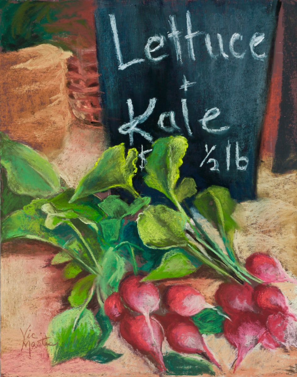 Lettuce & Kale  Image: At a neighborhood market, I found this scene fascinating.  The way the radish greens were laying around the chalk sign.