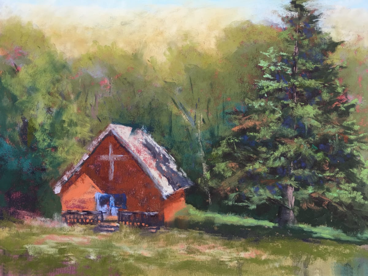Church in the Woods  Image: We were getting our RV repaired.  I saw this cute little church down the hill from the repair station and I just happened to have my pastels with me.  I couldn't resist!