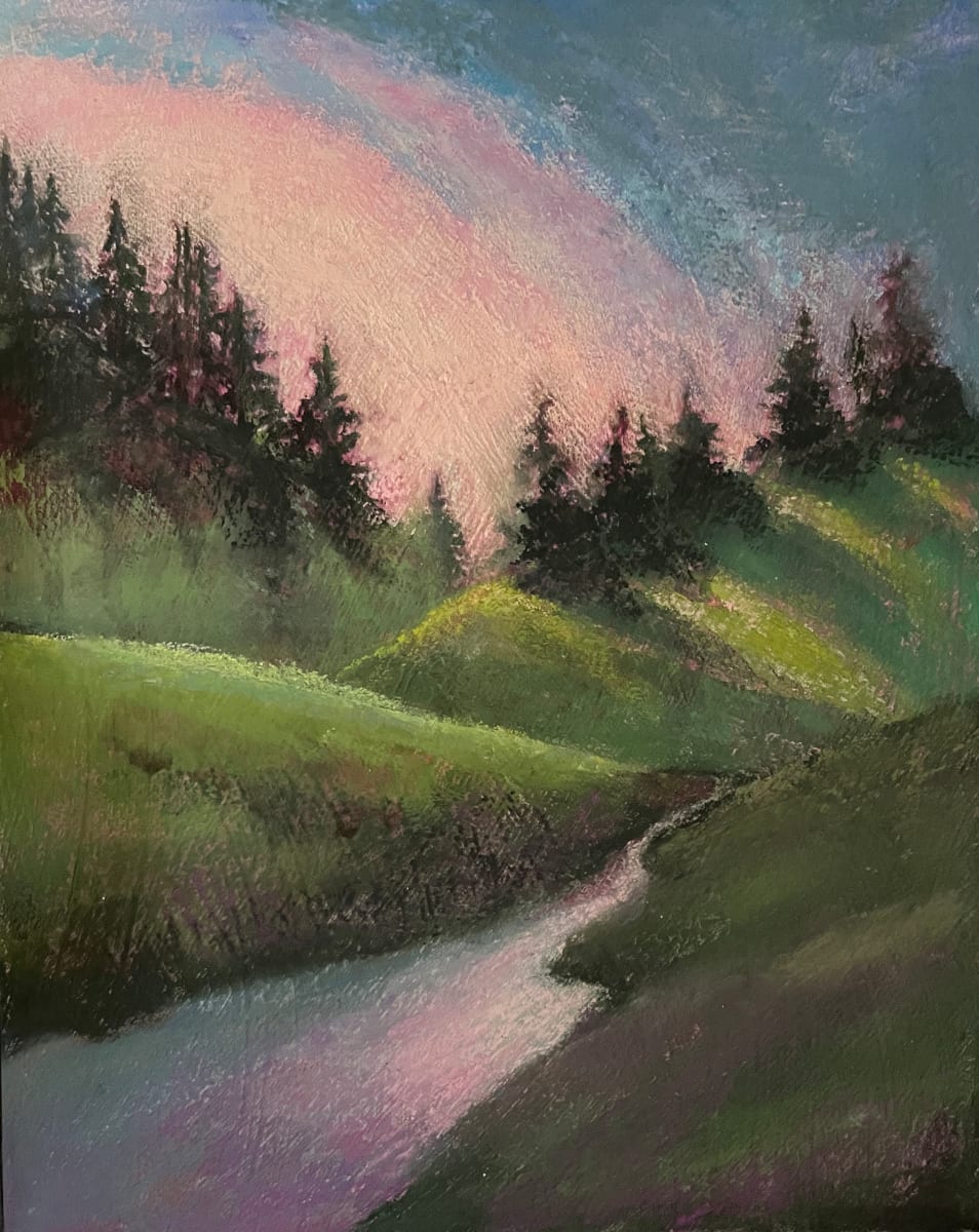 Morning Glow (Rose Sky & Stream) by Vic Mastis  Image: The rose glow for the sky casting a light in the stream as the hills reflect the light.