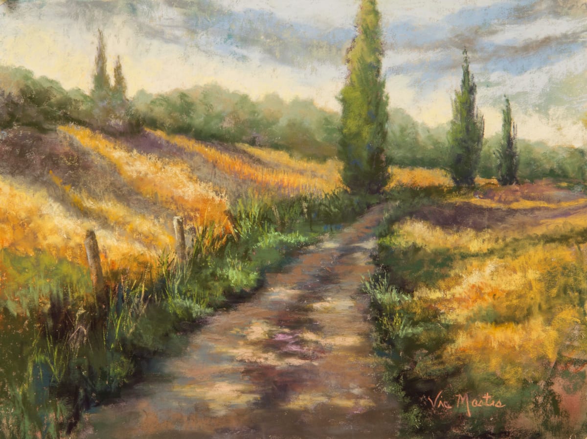 Morning Walk III by Vic Mastis  Image: At the workshop in Southern France, I would take a walk every morning before we stood all day and painted.  The sun was just coming out throwing its sparkling light on the grasses, road and hills.