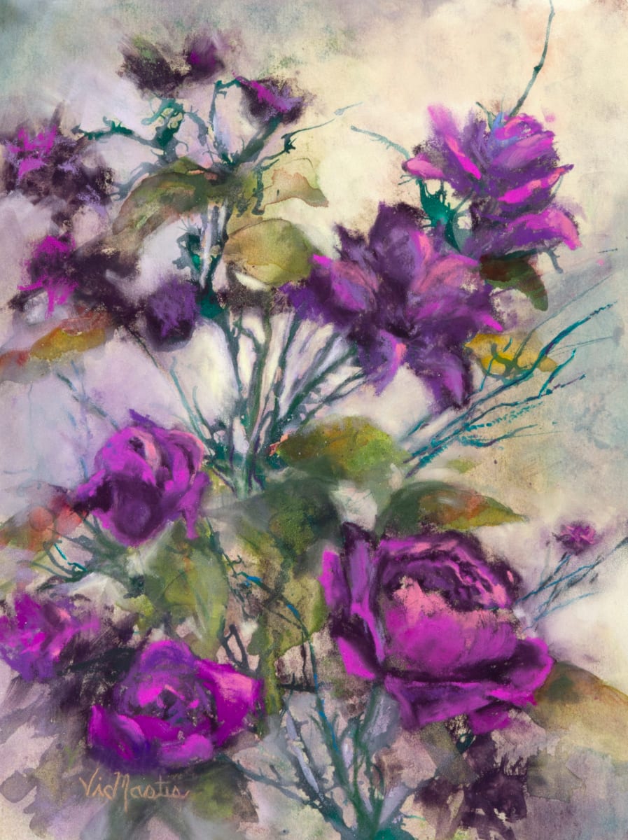 Radiating Velvet by Vic Mastis  Image: Beautiful purple roses with a luminous light coming from behind.
