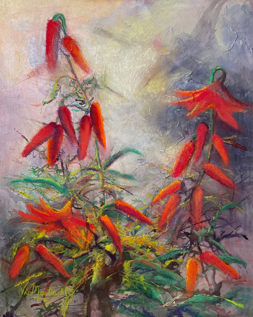 Red Pepper Lilies by Vic Mastis  Image: The shape of the magical looking pods had such intriguing shapes and colors .  I wanted to invent a magical light coming in behind them.