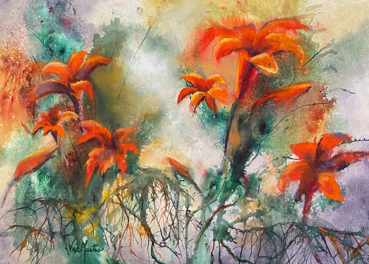 Rising From Roots by Vic Mastis  Image: A friend brought a beautiful bouquet of flowers to a party I was having. 
The arrangement was unique.  There were bright orange lilies and the babies breath was formed to one side.  It inspired this painting.