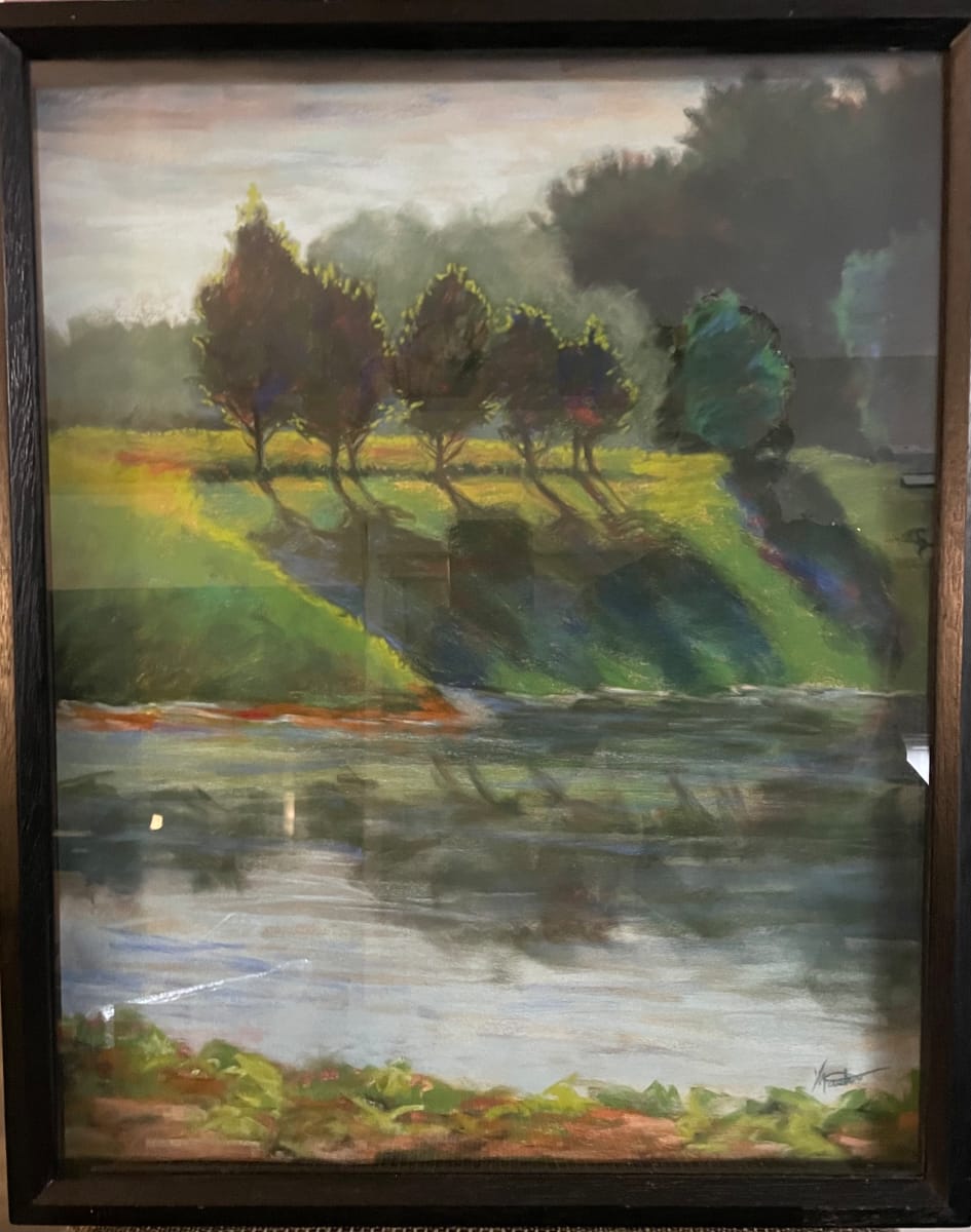 Shadows by Vic Mastis  Image: Right outside my camper, the sun was low and shinning making the trees have these lovely patterns going down to the pond.  I thought the patterns were very interesting with a little sapphire blue sparkling in the grass.