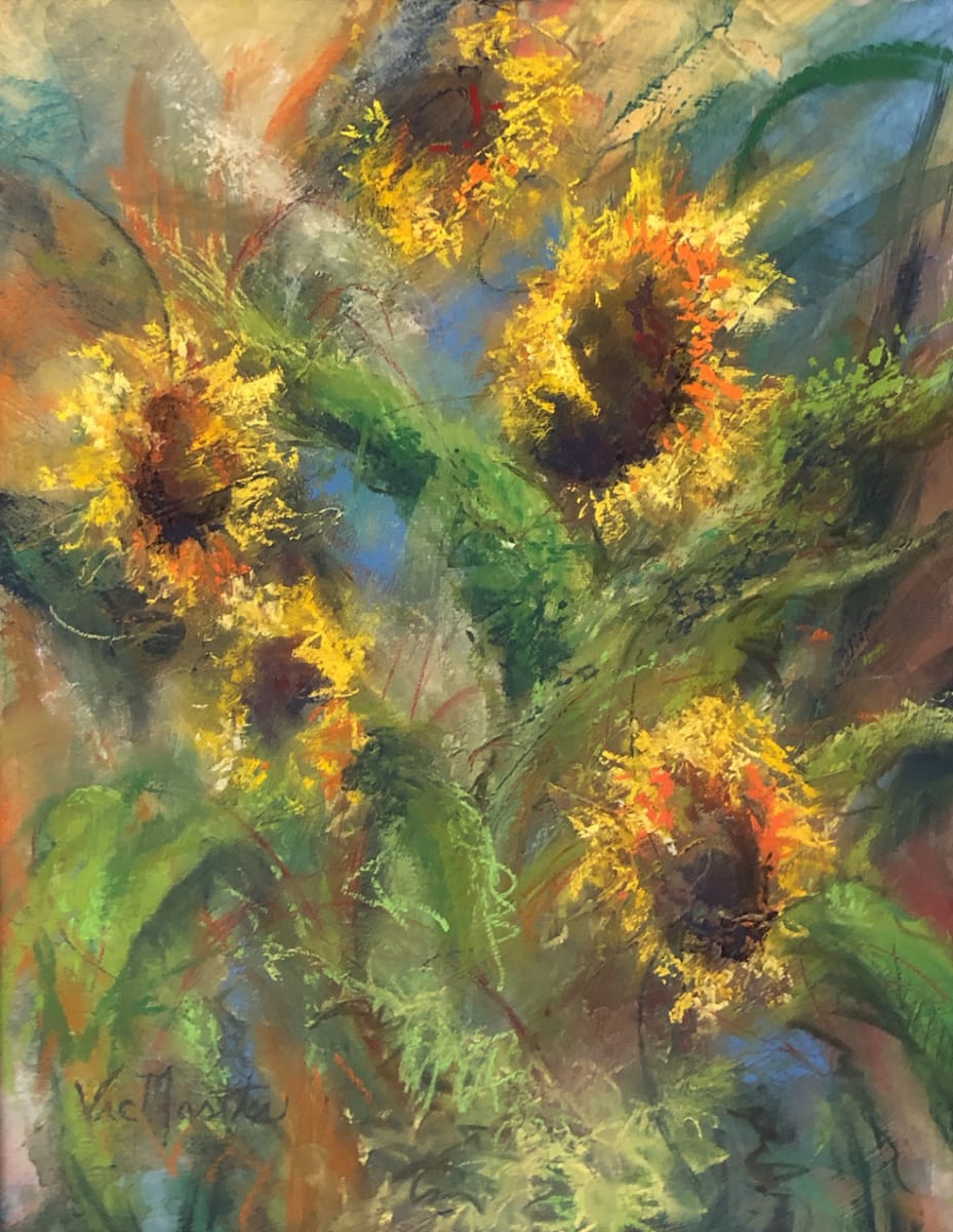 Windy Sunflowers by Vic Mastis  Image: Amber sunflowers swaying in the wind done with soft pastels.