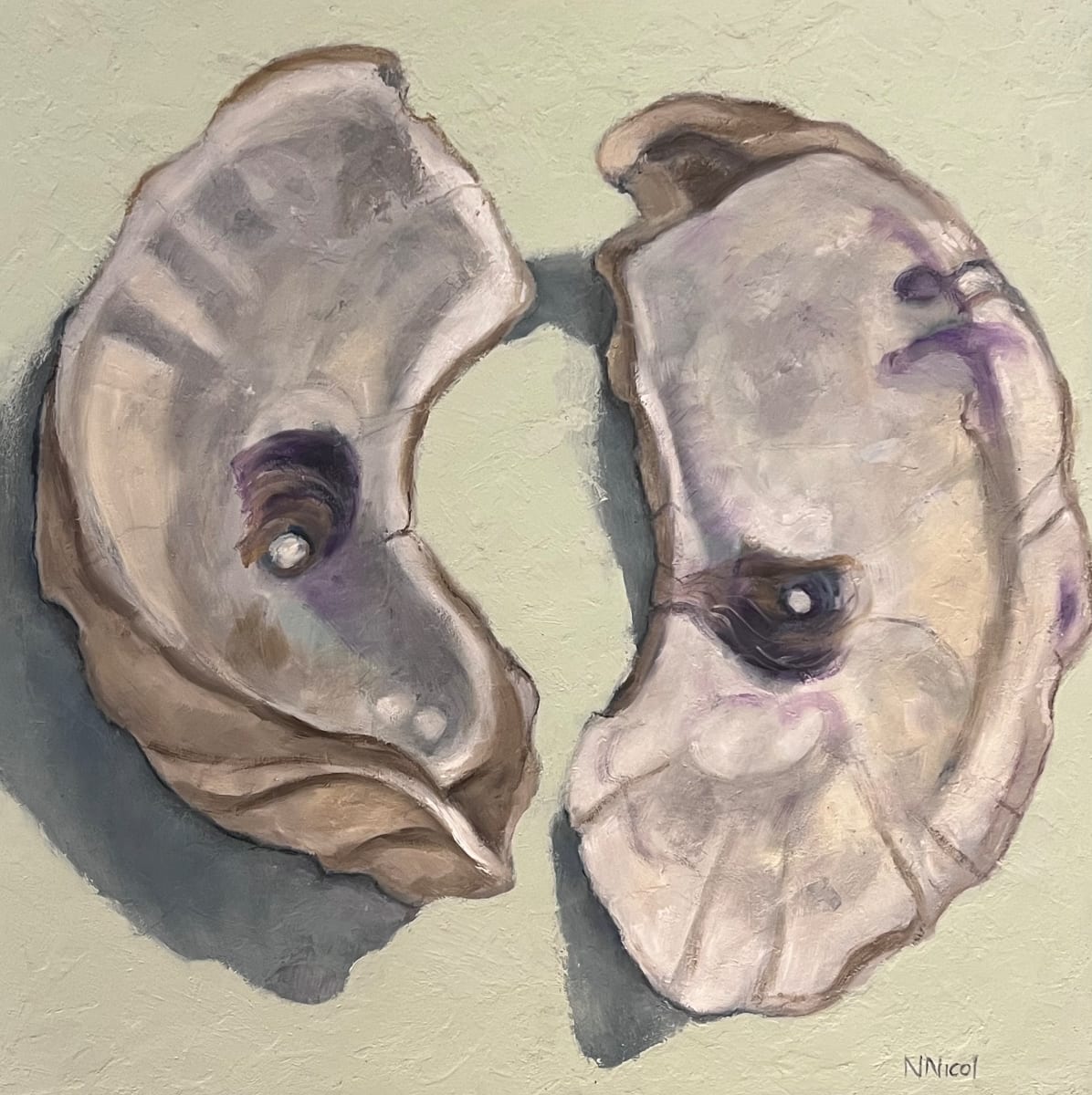Oyster Shell Pair on Celadon by Artnova Gallery, Image 1.