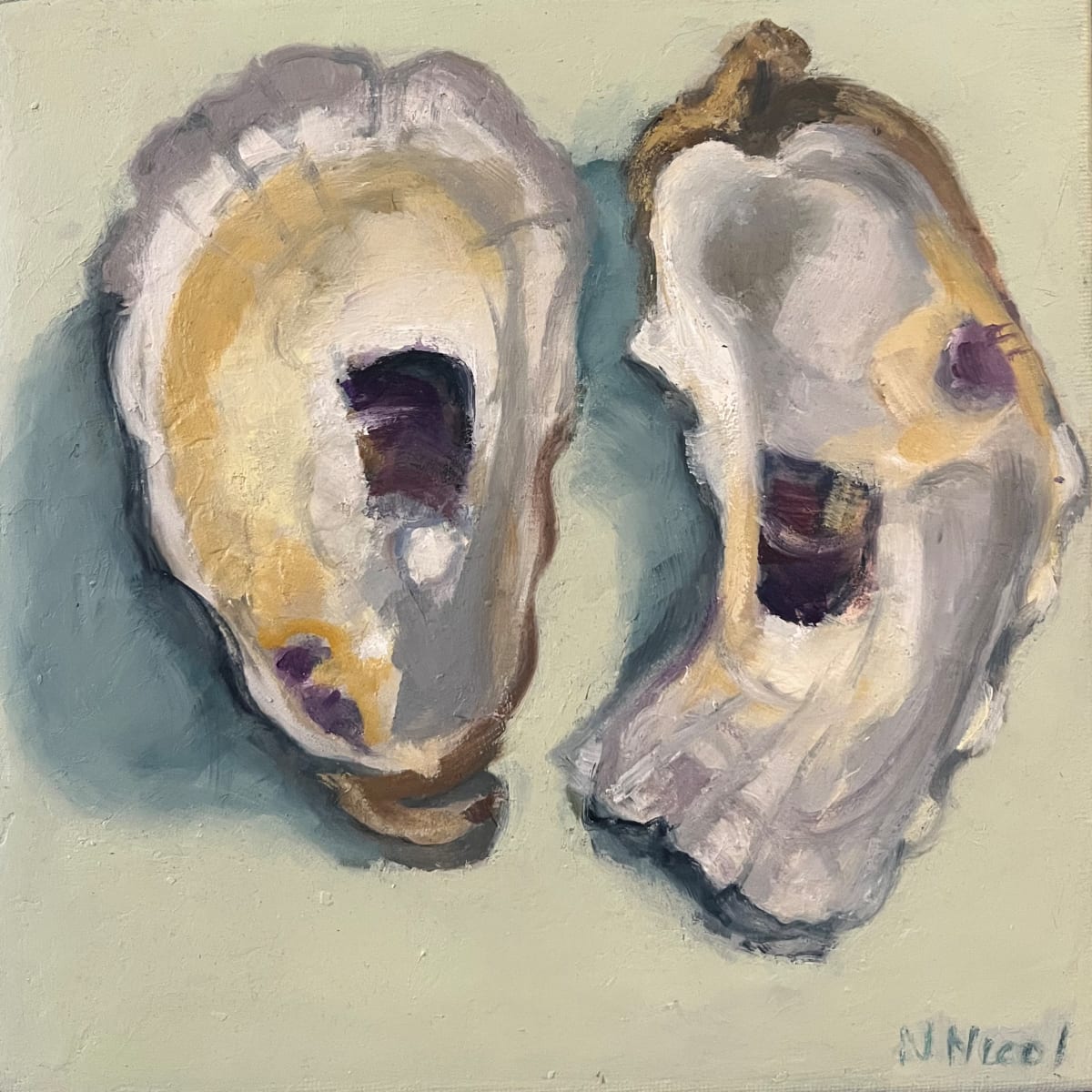 Oyster Shell Pair on Celadon by Artnova Gallery 