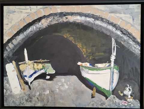Boats and dog at San Fruttuoso, Italy by Gail Knecht  Image: Boats at the Benedictine monestary in San Fruttuoso, Italy. 