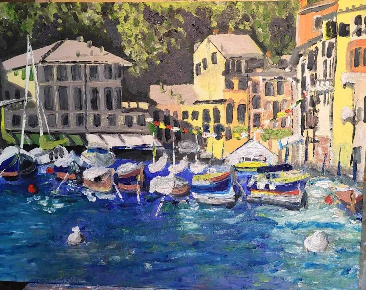 Portofino Harbour and pastel houses, Italy by Gail Knecht  Image: Tranquil crescent harbour with hills of olive groves and small vineyards.