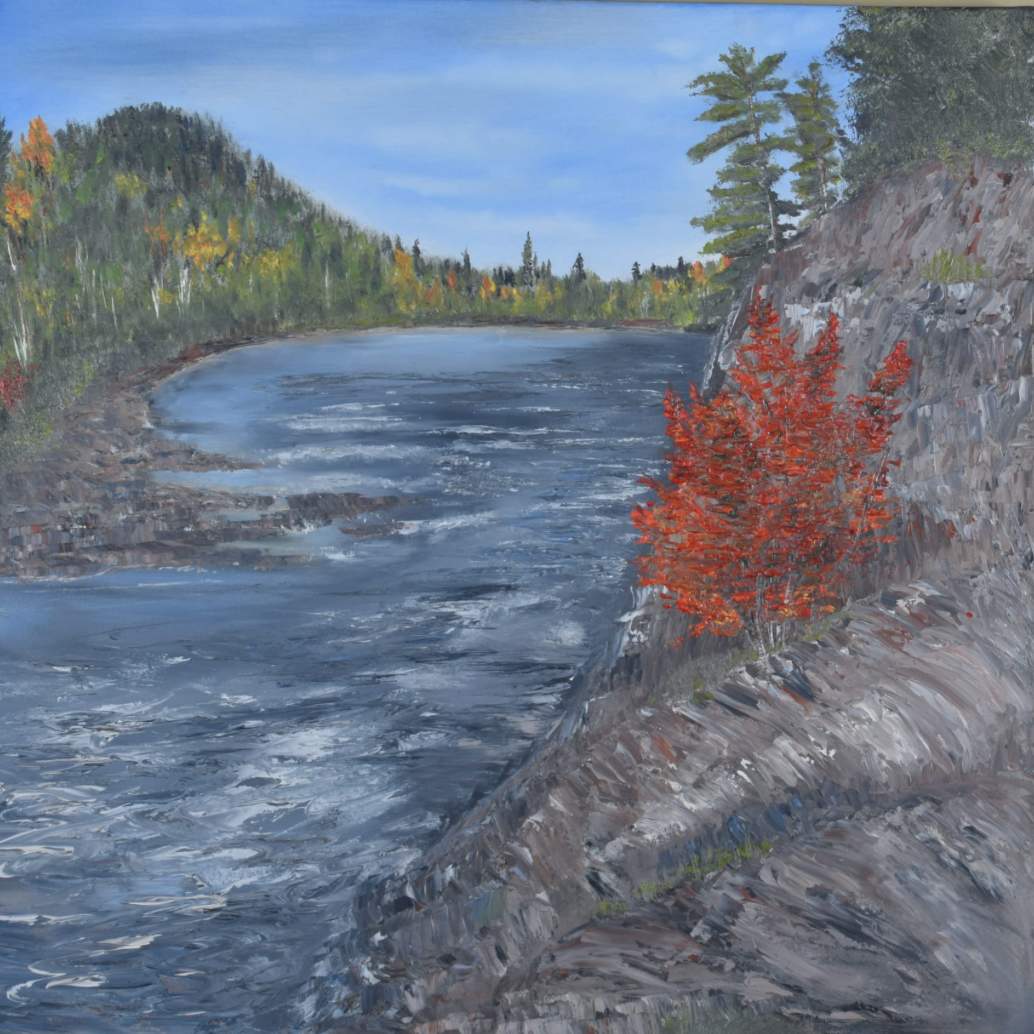 Pig Pen Chutes-Mississaugi River, Algoma. by Gail Knecht  Image: North view along the rocks at Pig Pen Chutes, Mississaugi River. A historical location of logging transportation.  A narrowing with swirling deep water and foaming eddies.