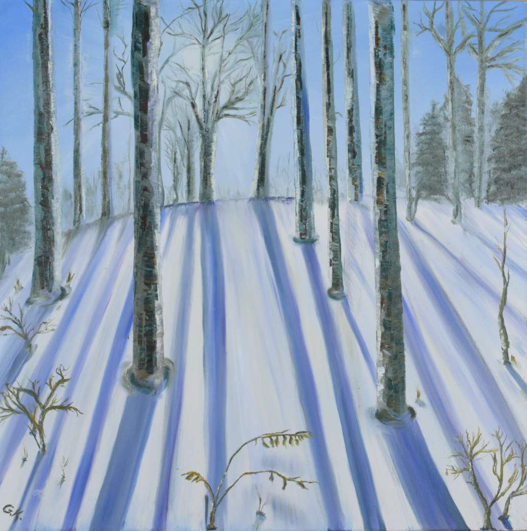 Winter Walk in the Glen by Gail Knecht  Image: Winter Walk- The Glen- Brighton, Ontario. A beautiful winter day with the sunshine beaming through the trees.