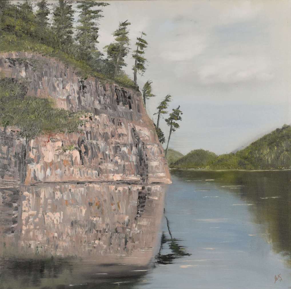 Tranquility at Gros Cap, Mississaugi River. by Gail Knecht  Image: March of the great White Pines to the water's edge in Algoma. Slow-flowing river into Tunnel Lake.  High cliffs guarding the river flow.