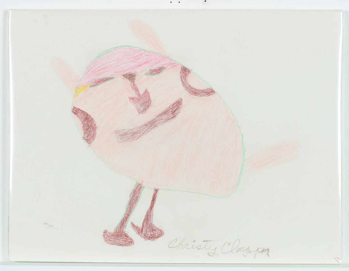 Untitled by Christy Clapper  Image: Pink oval figure with feet and smiley face on white background. 