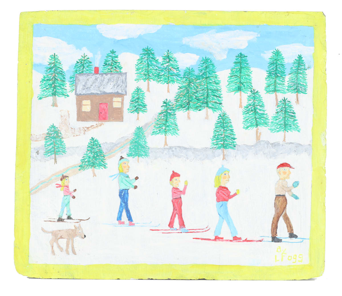 A Family Camping Weekend in The Family Mountains. A Skieing Weekend. by Lawrence Fogg  Image: A family skiing with evergreens and a cabin in the winter background on Slate.