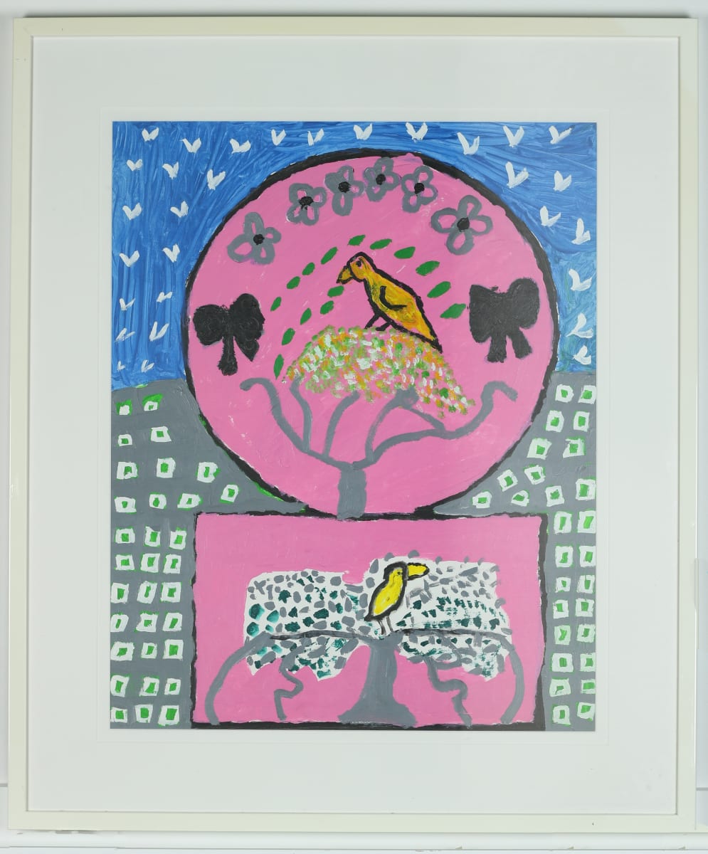 Untitled by Phyllis Putvain  Image: Pink circle with a bird and a pink rectangle with another bird, decorated with designs and shapes