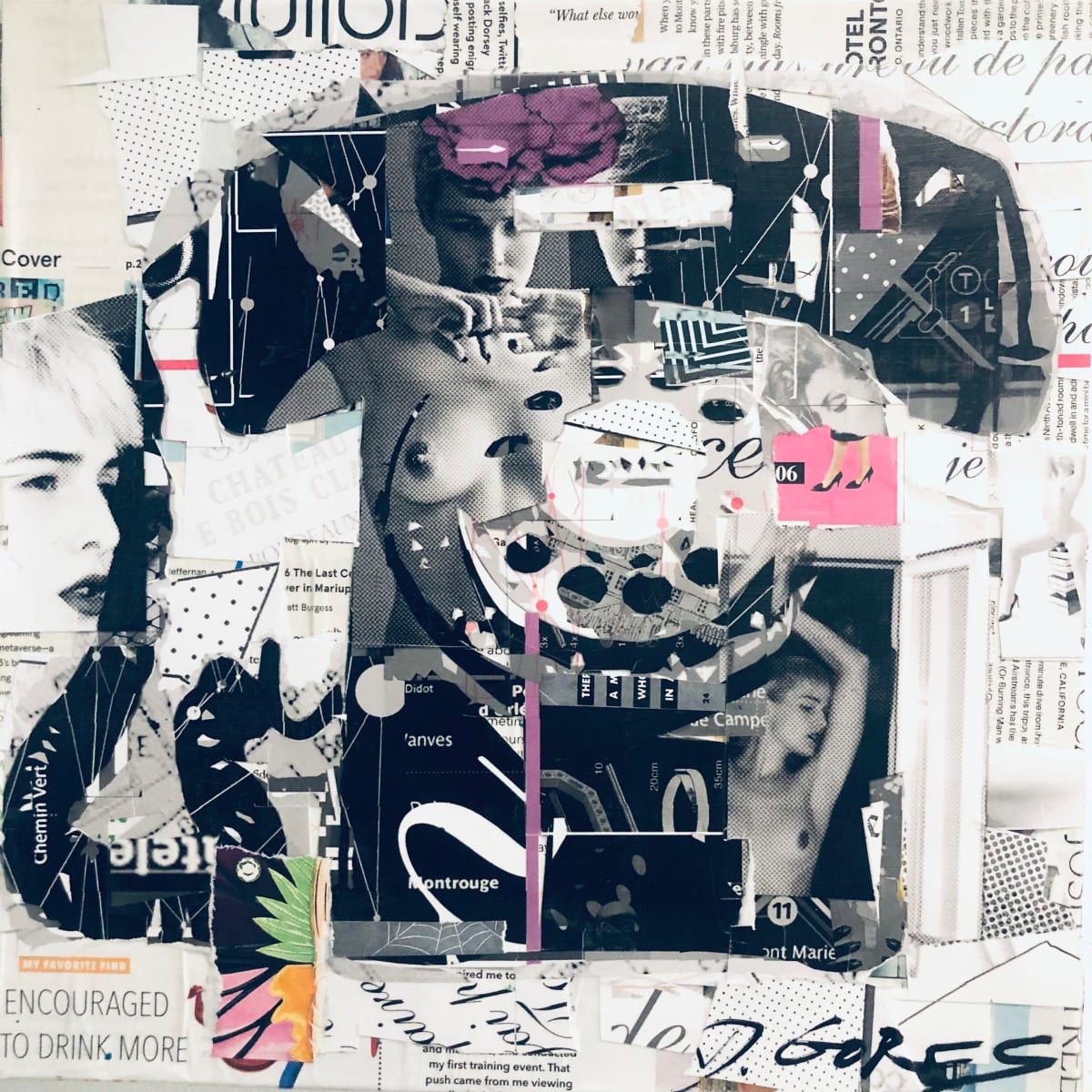 Business Meeting by Derek Gores by Derek Gores Gallery  Image: New 12”x12” original collage on canvas debuting at Aqua Art Miami. But you can purchase from afar as well~

I do love working with a recognizable vintage object and reconstructing it with radical text and patterns and images that confuse the space. Hard to top the classic rotary phone.